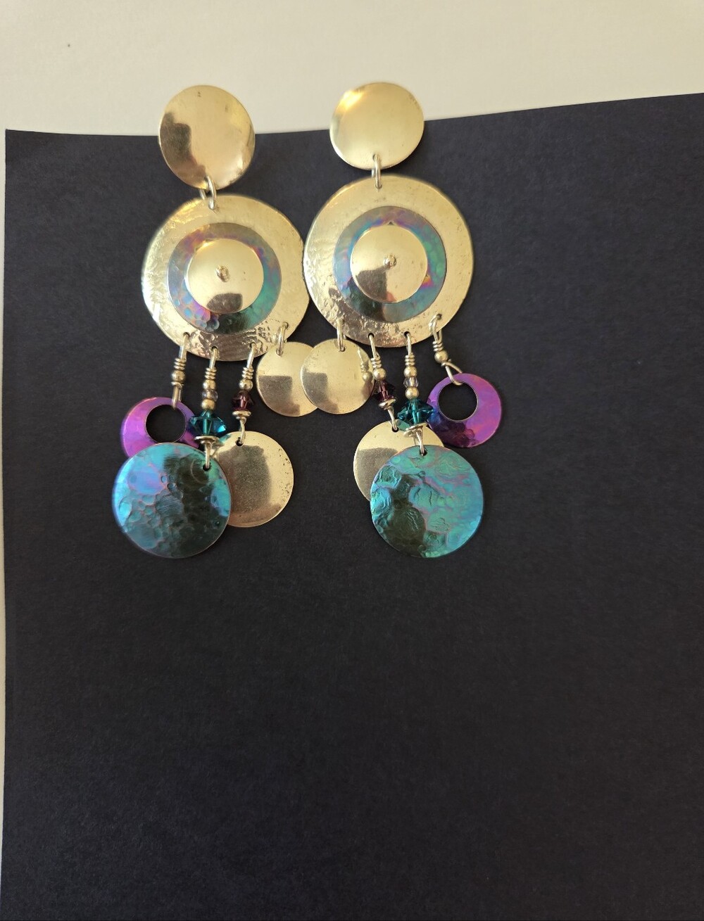 Vintage Signed Tabra Drop Earrings with Iridescent Teal & Purple Niobium Discs
